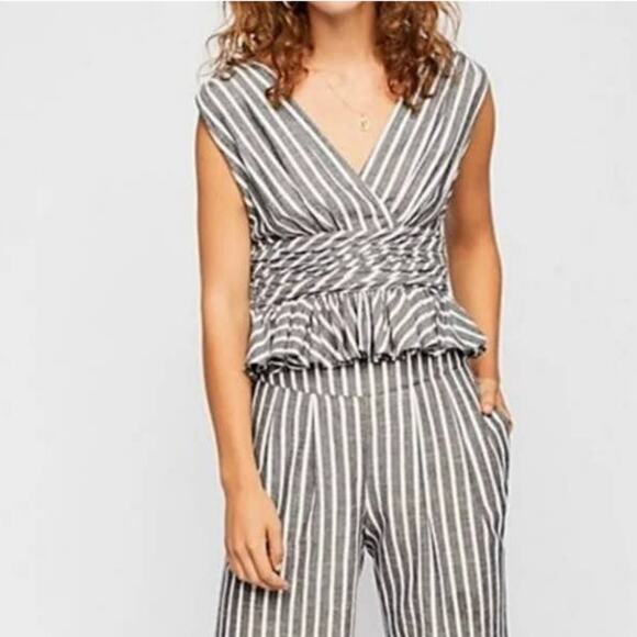 Free People Your Song Gray & White Striped Sleeveless Peplum Top Size 2 - Picture 1 of 7